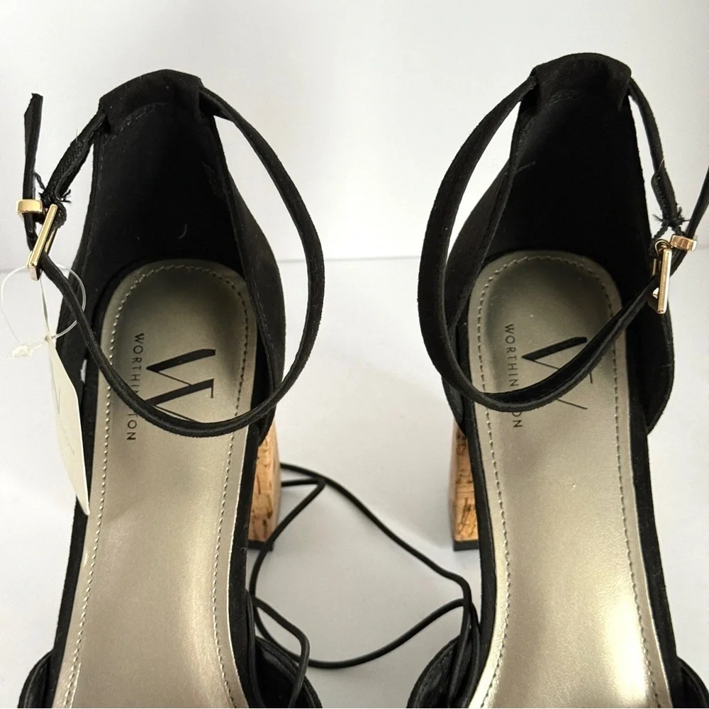 Worthington Woman’s Panama Block Heels in Black Faux Suede Cork Platform Size 9M